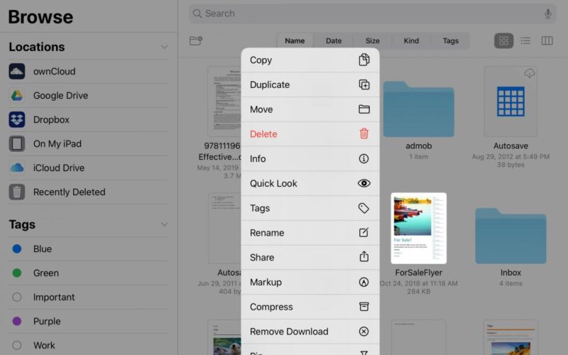 Come utilizzare le azioni rapide nell'applicazione File su iPad