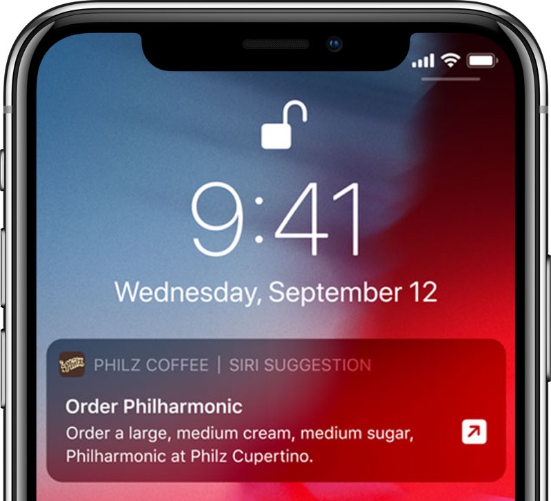 Schermata di blocco iPhone: un esempio di suggerimento di scorciatoie dall'app Phils Coffee