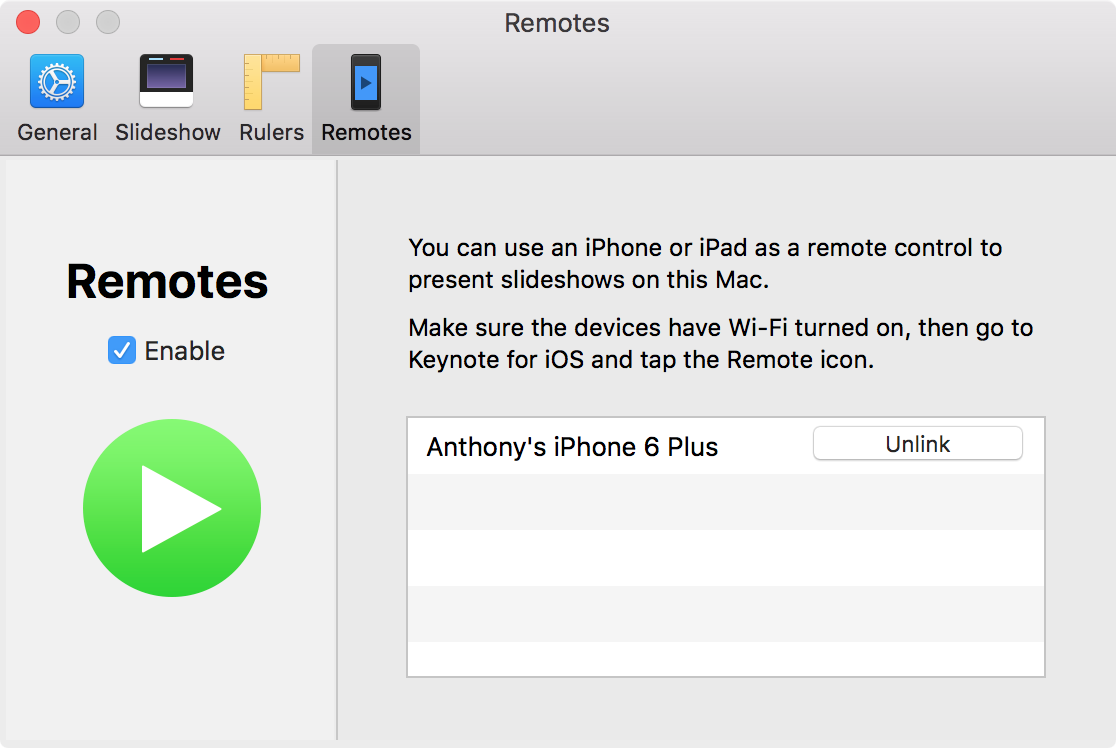 Dispositivo iOS Keynote collegato correttamente