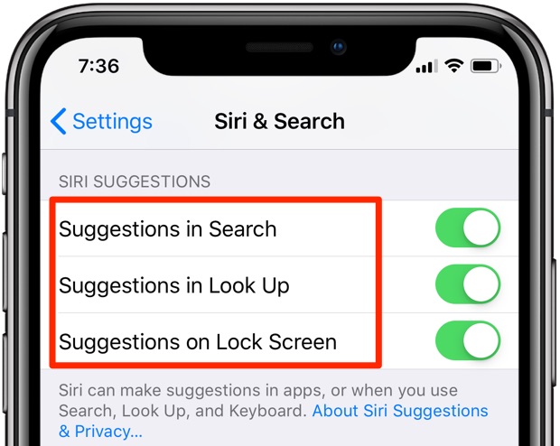 Impostazioni dei suggerimenti di Siri - Suggerimenti nella ricerca, Suggerimenti nella ricerca e Suggerimenti nella schermata di blocco