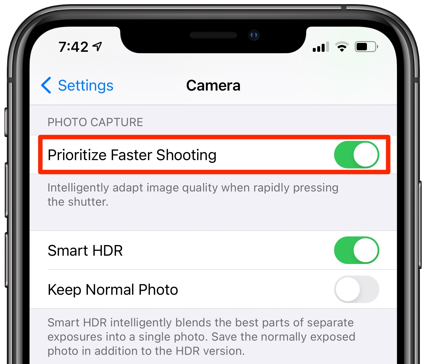 Fotocamera iPhone: l'opzione Dai priorità allo scatto più veloce abilitata in Impostazioni