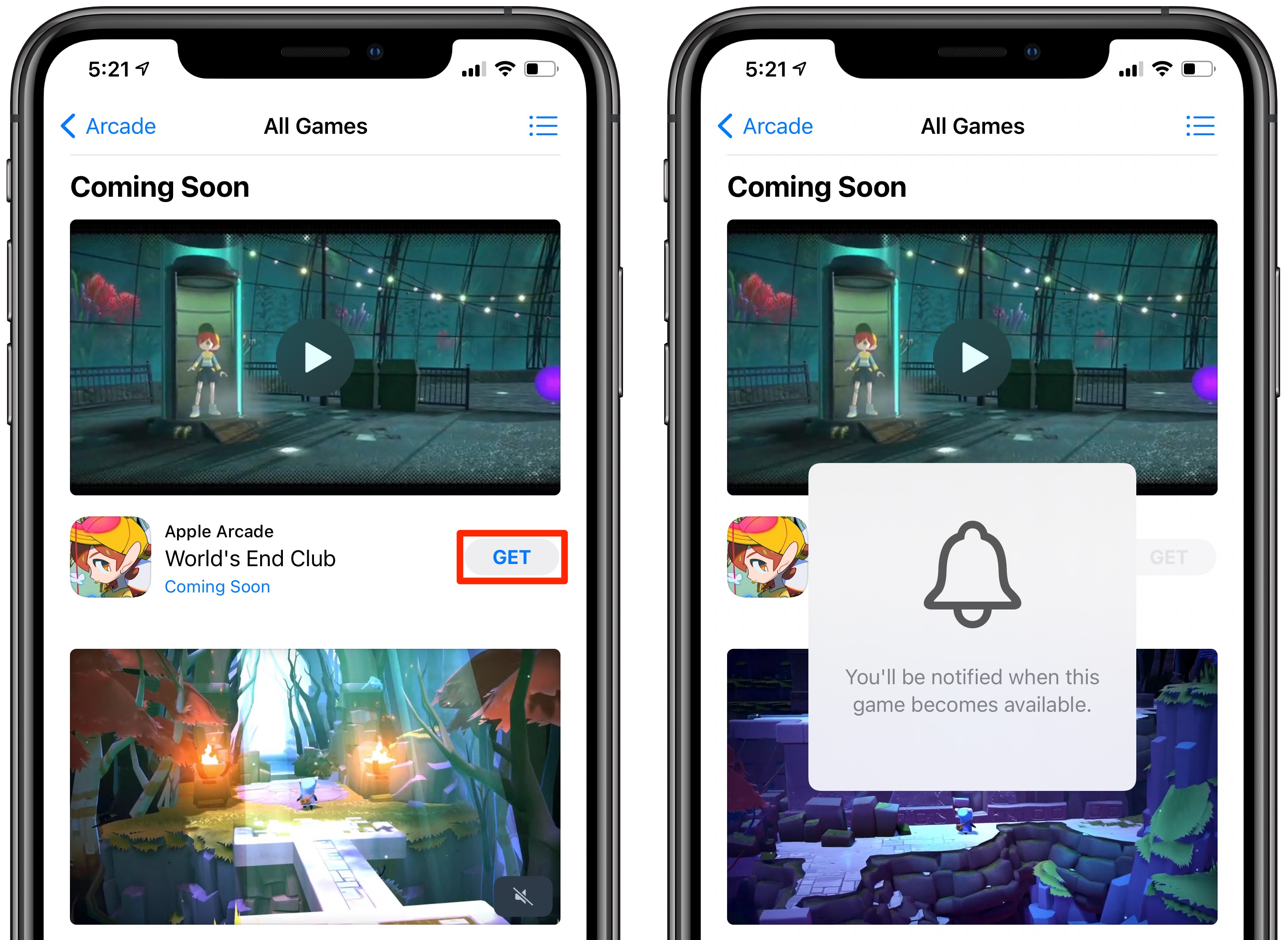 Prossimi giochi Apple Arcade: un messaggio dice che l'utente riceverà una notifica quando il gioco sarà disponibile