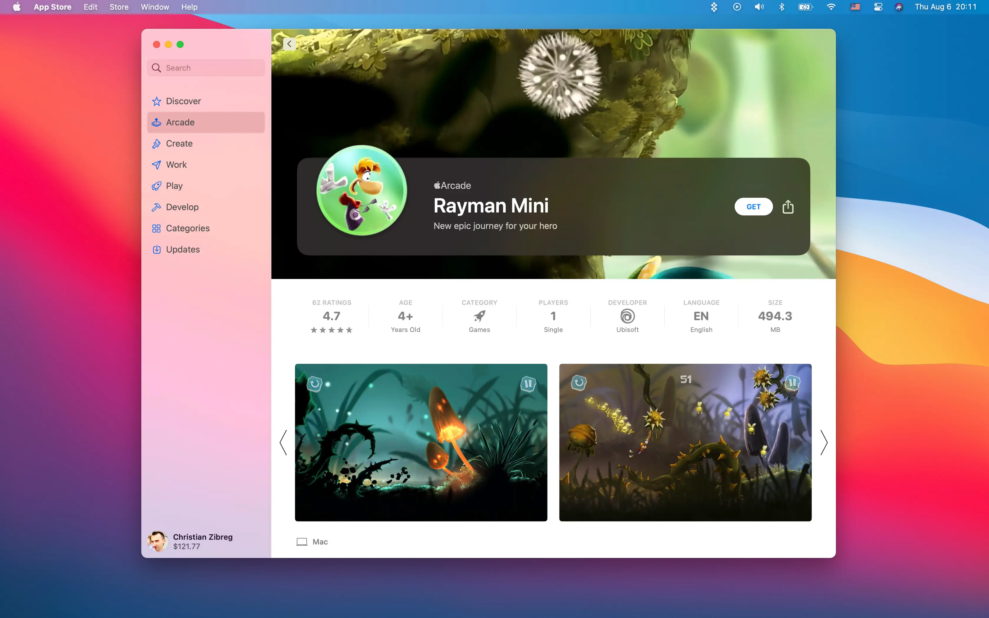 Mac App Store che mostra il gioco Rayman Mini nella scheda Arcade