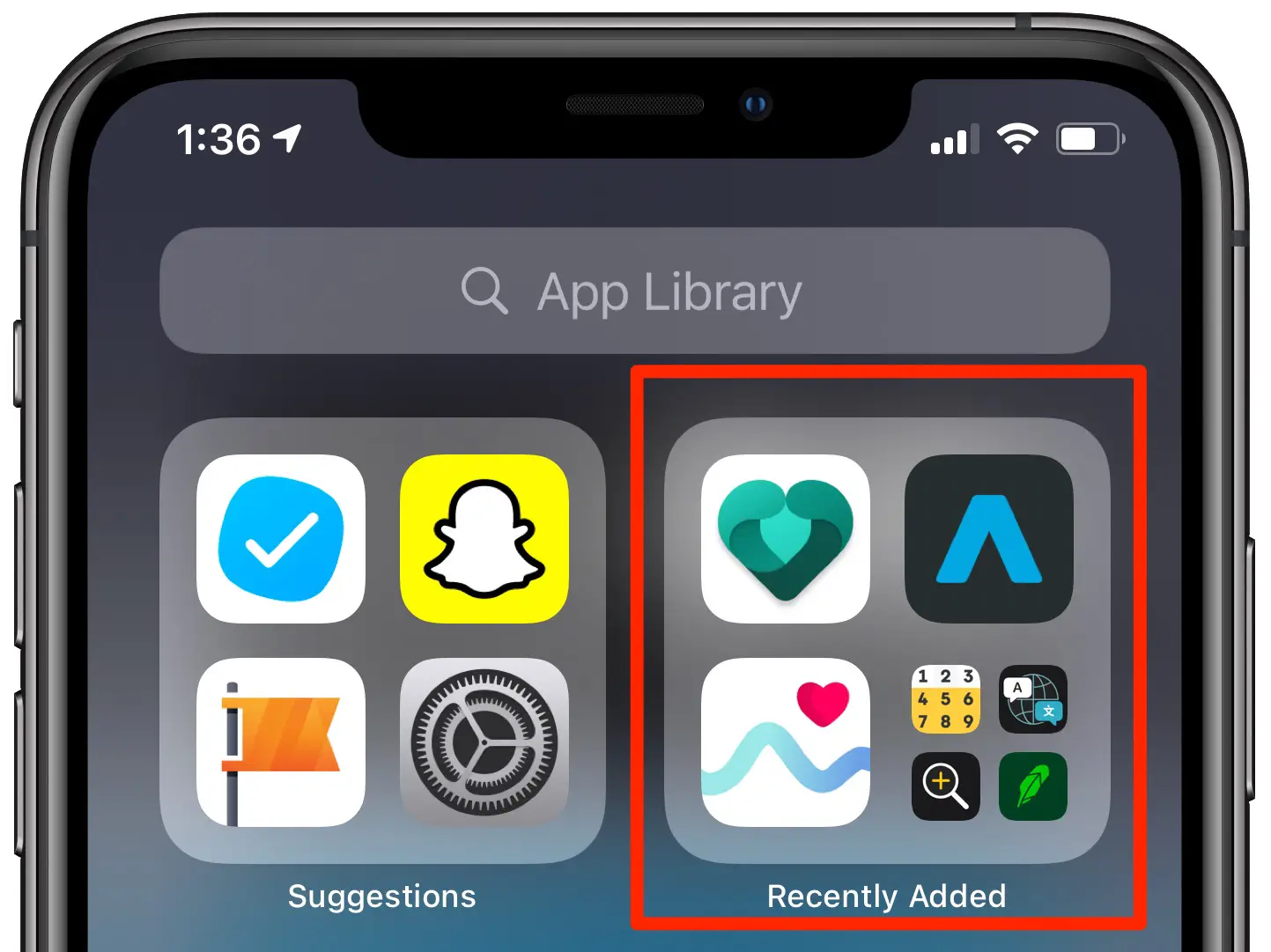 App iPhone installate di recente - Libreria app con evidenziata la cartella Aggiunte di recente