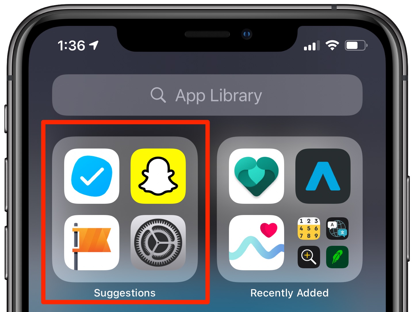 App suggerite da Siri - Libreria app con la cartella Suggerimenti evidenziata