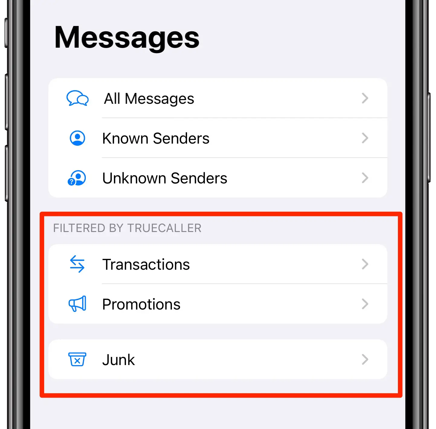 La sezione di filtraggio SMS in Messaggi
