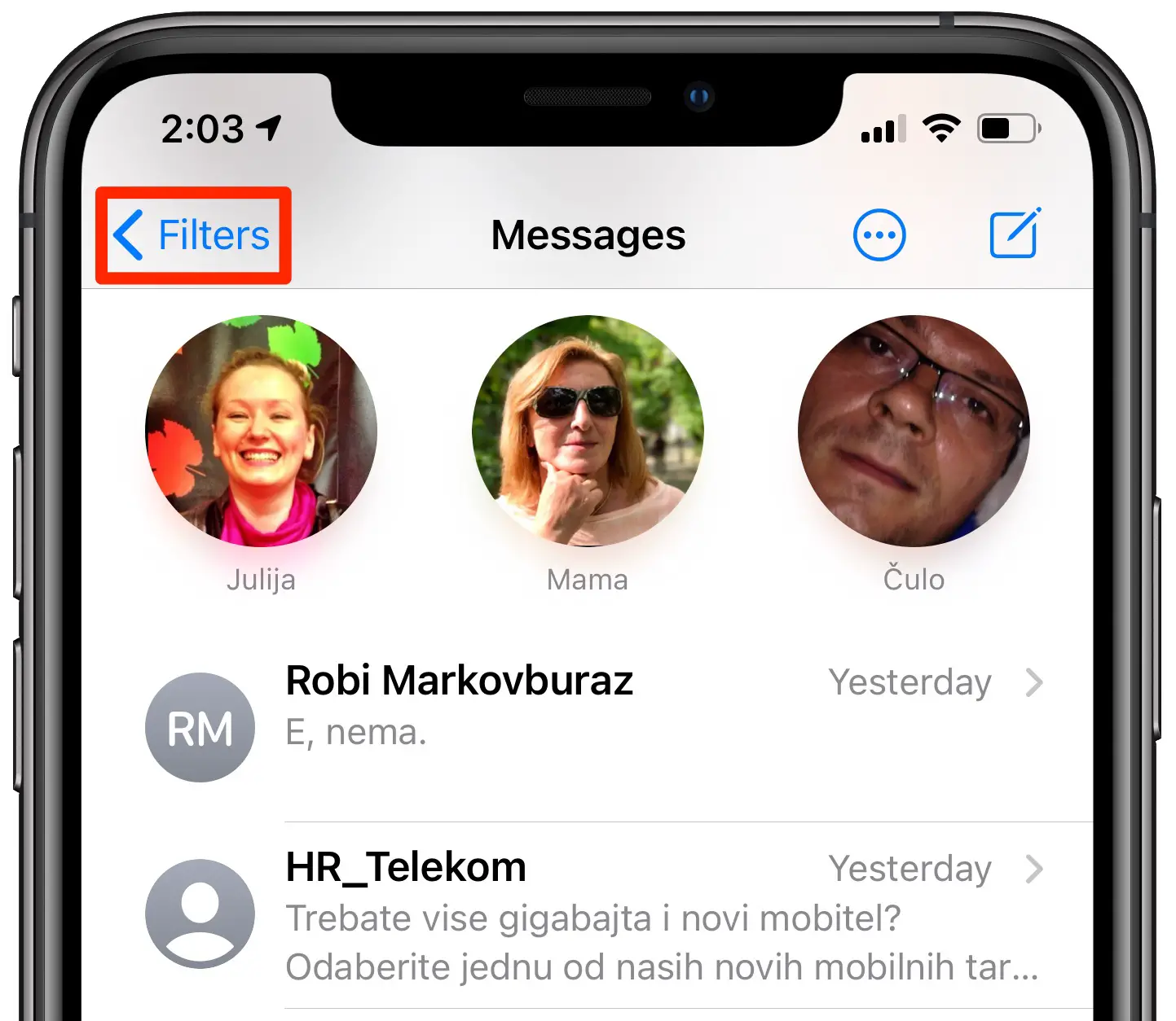 Filtro messaggi iOS 14: il pulsante Filtri
