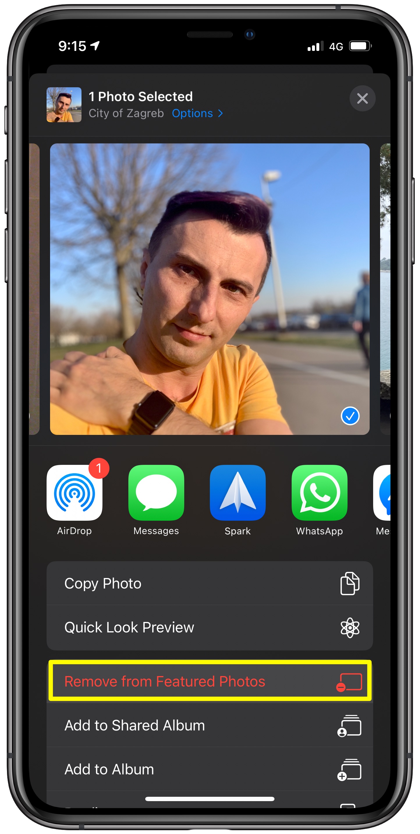 rimuovi il widget delle foto delle immagini in primo piano - App Foto che mostra l'opzione per rimuovere l'immagine dalle foto in primo piano