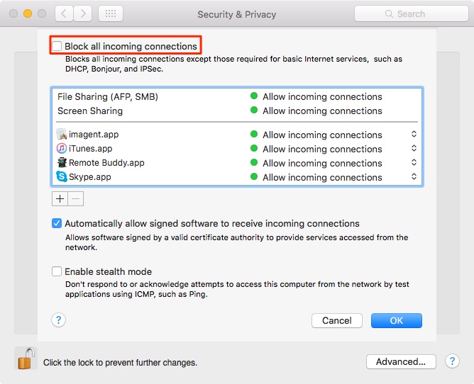 Impostazioni firewall su Mac