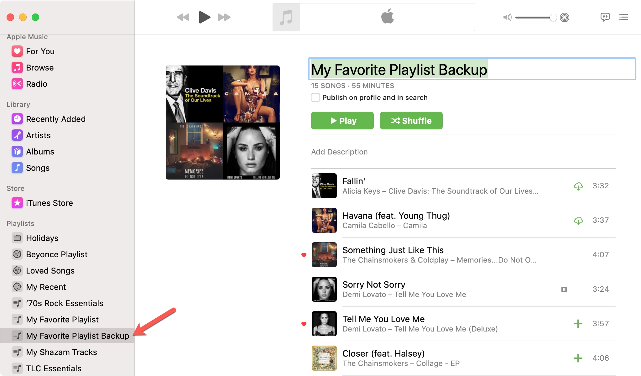 Playlist di musica Apple importata su Mac