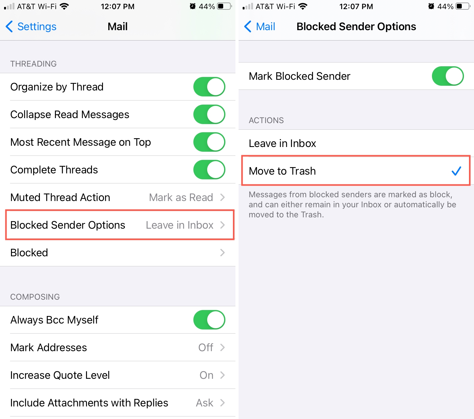Sposta la posta bloccata nel Cestino su iPhone