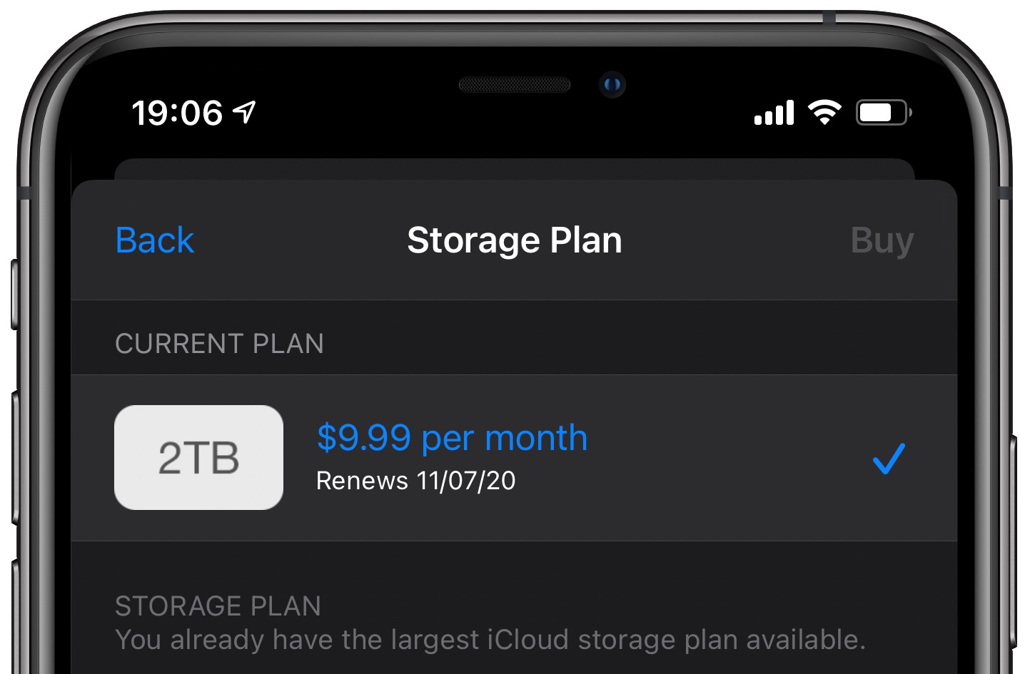 Pacchetto di abbonamento Apple One - Screenshot iPhone del piano di archiviazione iCloud