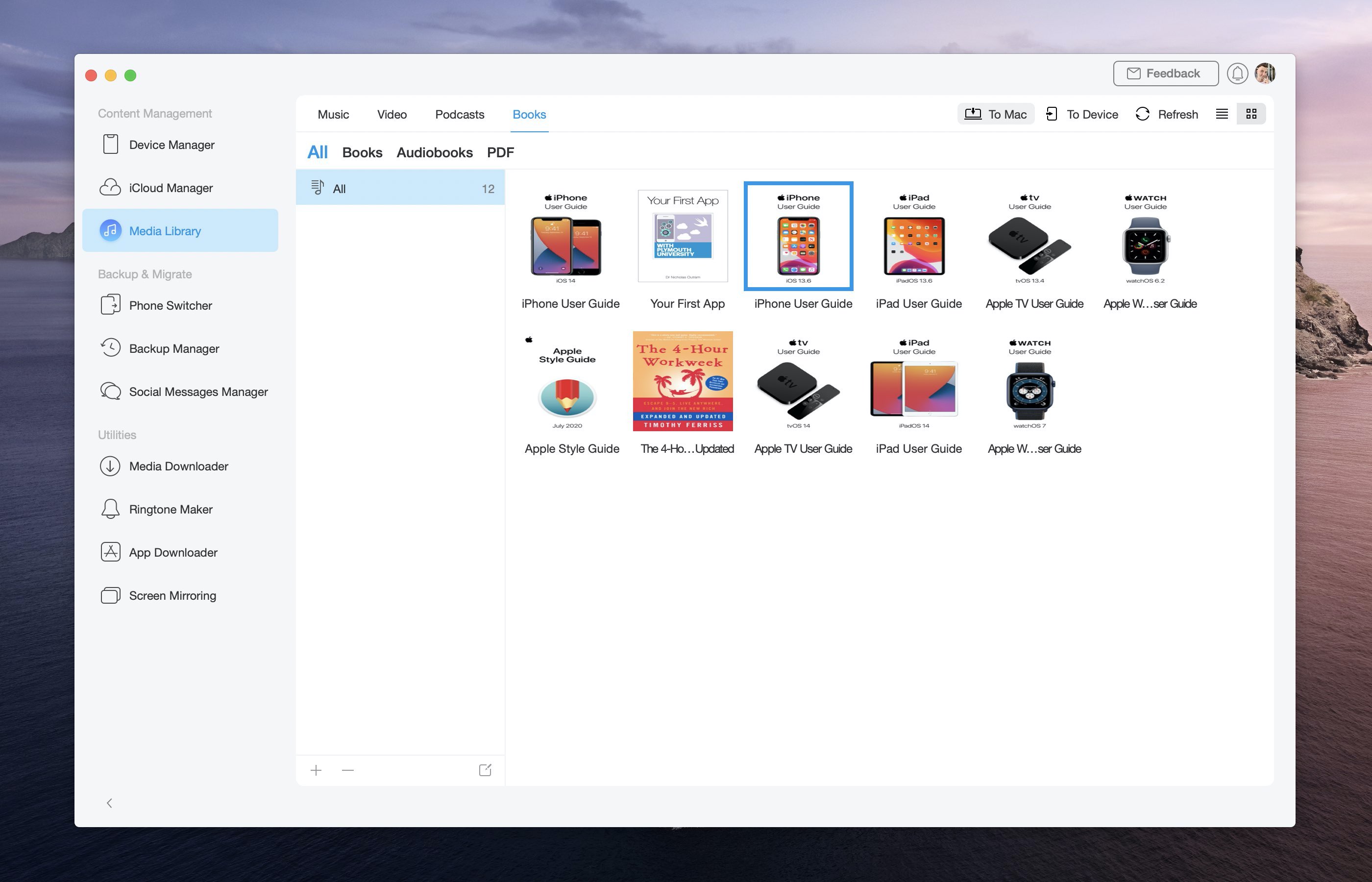 Interruttore iPhone 12 - Il backup del gestore iOS AnyTrans ripristina i libri della libreria multimediale
