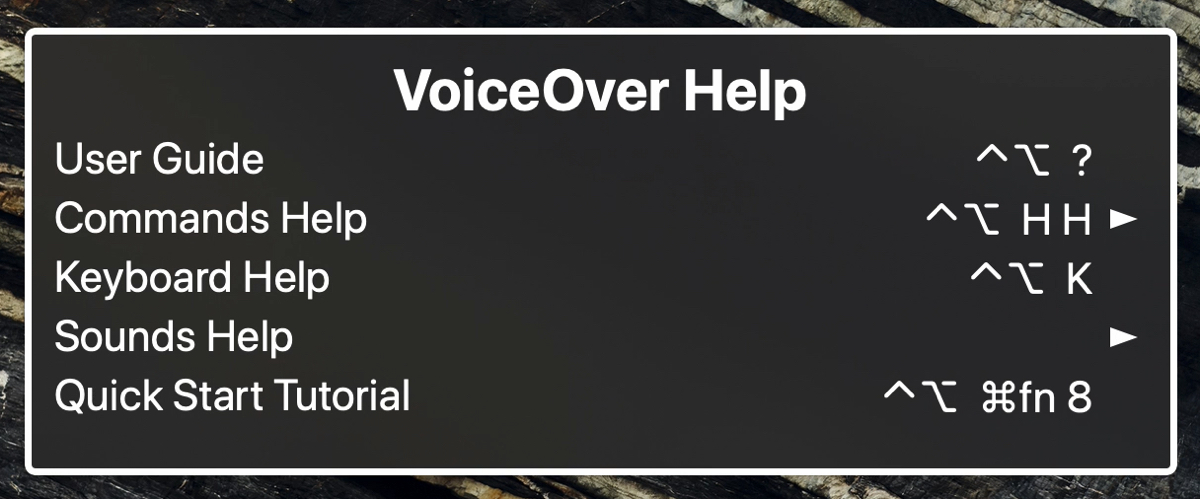 Menu Aiuto di VoiceOver su Mac