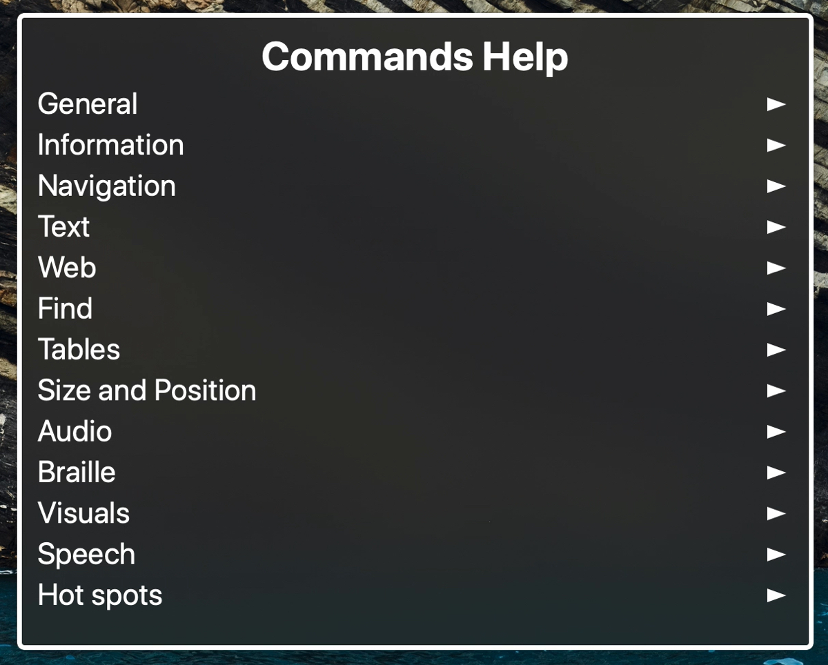 Menu Comandi VoiceOver su Mac