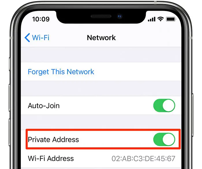 indirizzi Wi-Fi privati: uno screenshot dell'iPhone che mostra l'impostazione abilitata