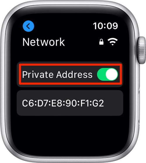 indirizzi Wi-Fi privati: uno screenshot di Apple Watch che mostra l'impostazione abilitata