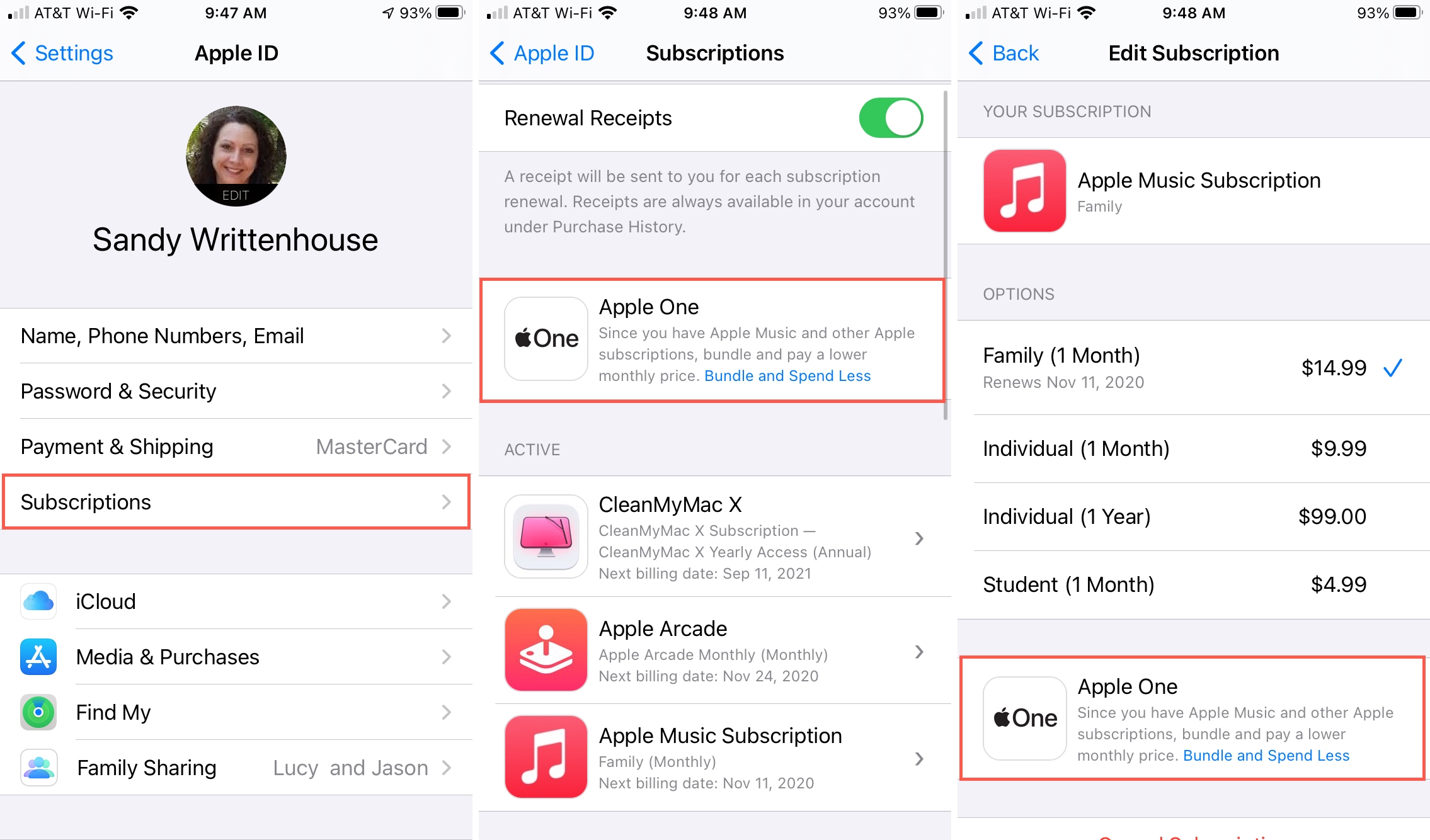 Schermate degli abbonamenti con le opzioni di Apple One