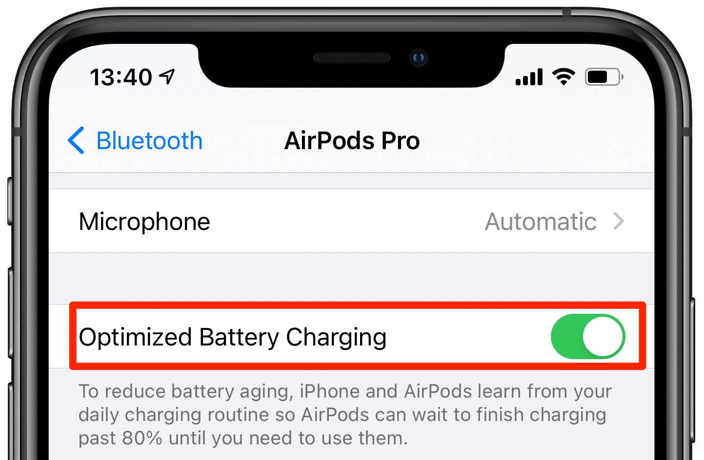 Ricarica ottimizzata della batteria AirPods Pro - Screenshot iPhone