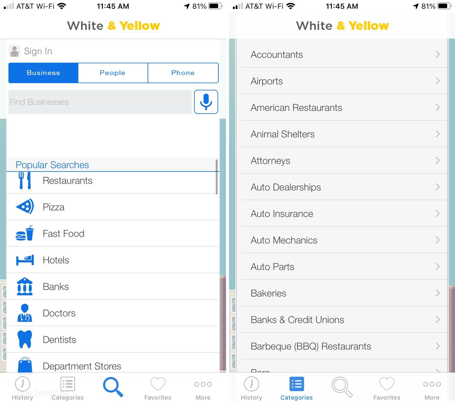 Schermate principali delle pagine bianche e gialle su iPhone