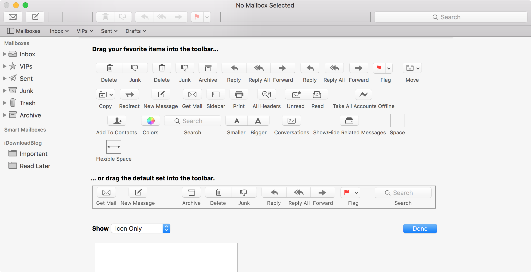 Personalizzazione dell'interfaccia della barra degli strumenti dell'app Mail Mail