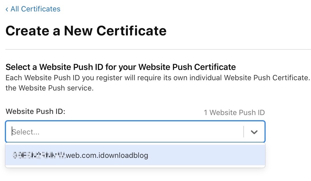 Seleziona l'ID push del sito web