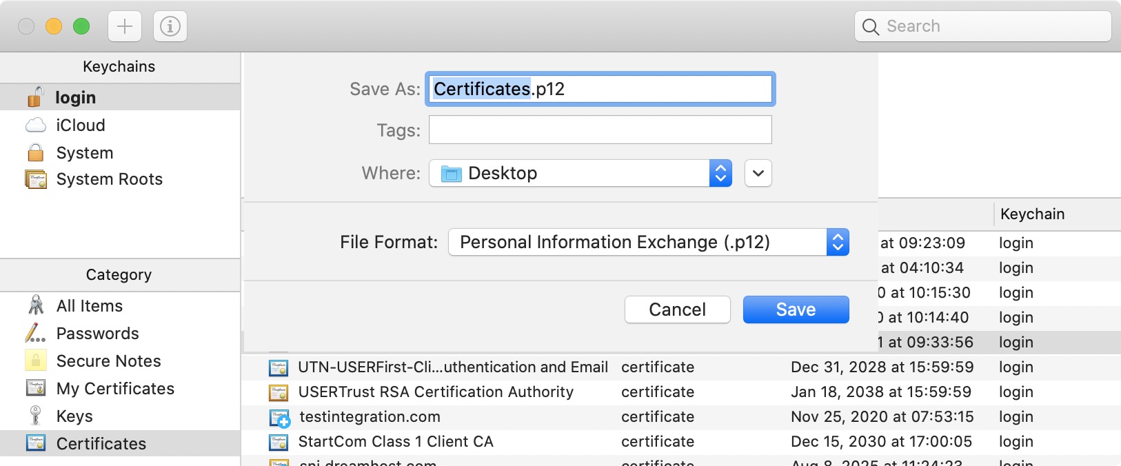 salva il file certificate.p12