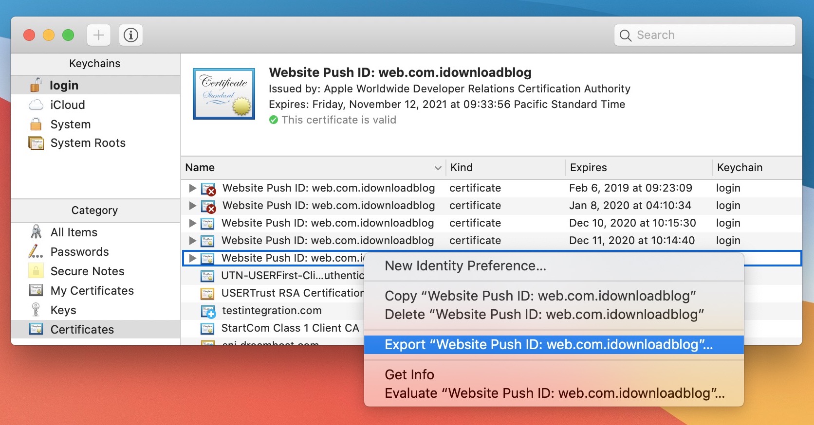 esporta l'ID push del sito web