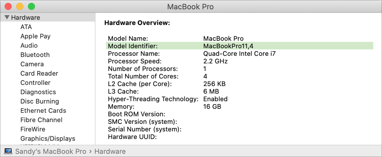 Identificatore del modello del rapporto di sistema su MacBook Pro