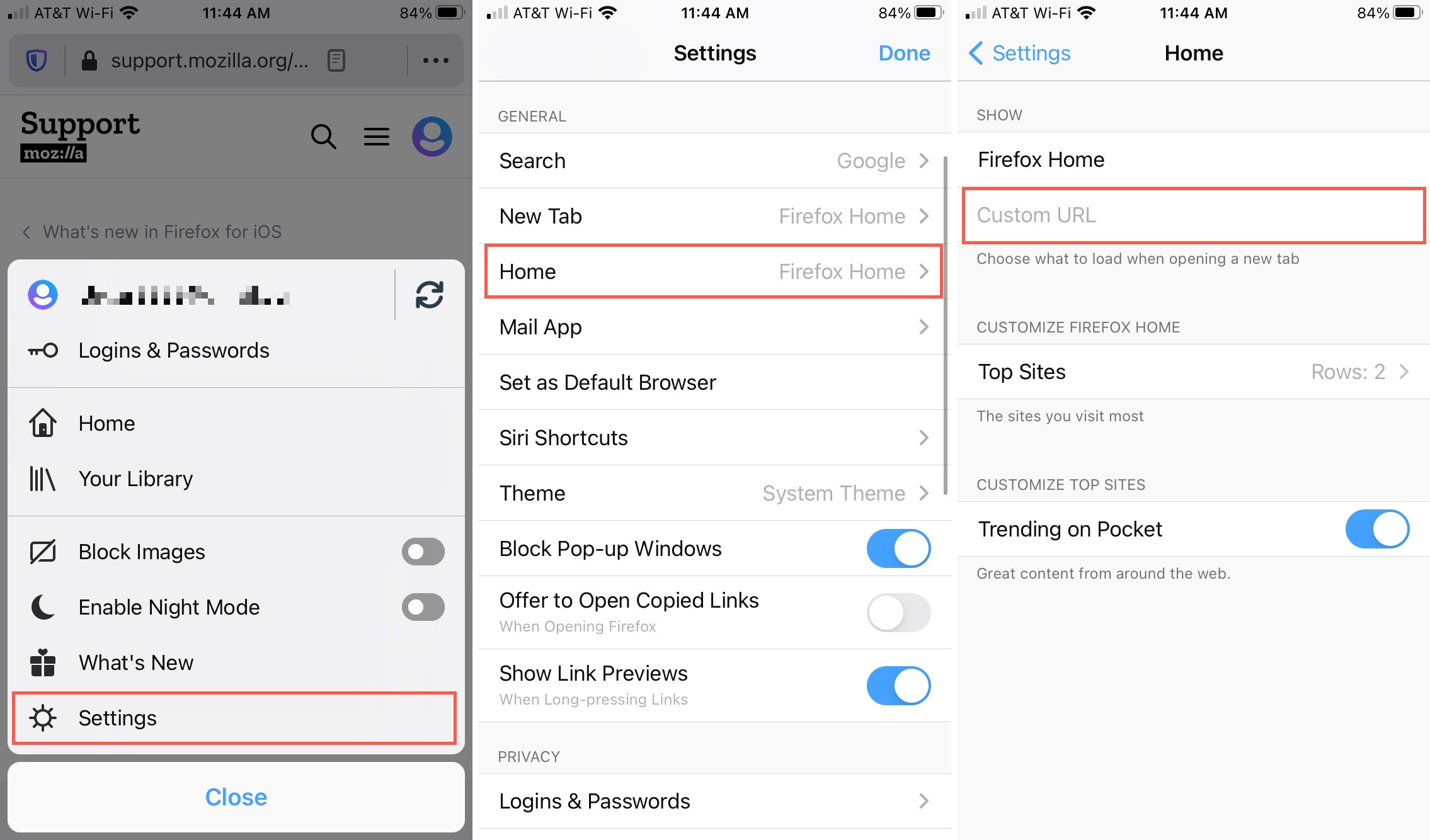 Home page delle impostazioni di Firefox su iPhone