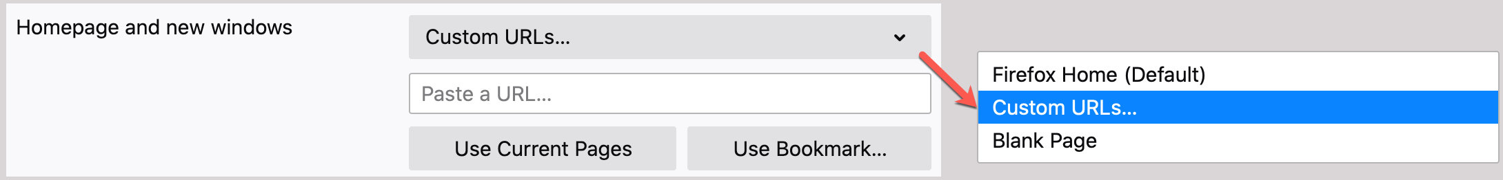 Preferenze di Firefox Aggiungi l'URL della home page su Mac