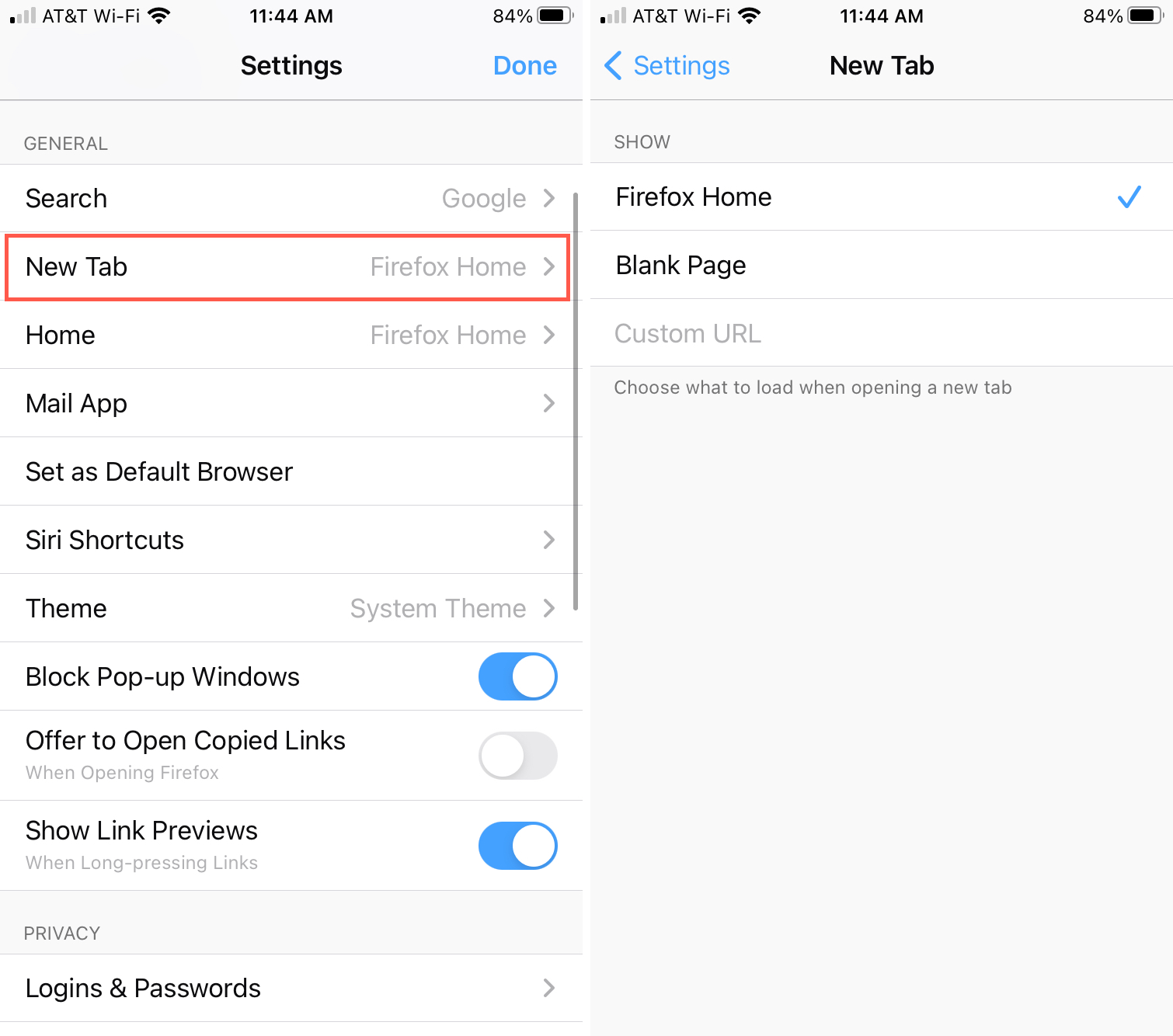 Impostazioni di Firefox Pagina Nuova scheda su iPhone