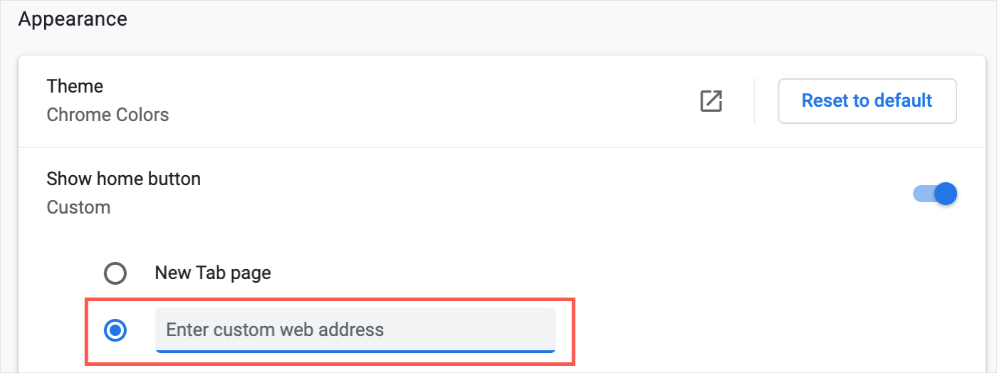 Home page delle impostazioni di Chrome Aggiungi URL su Mac