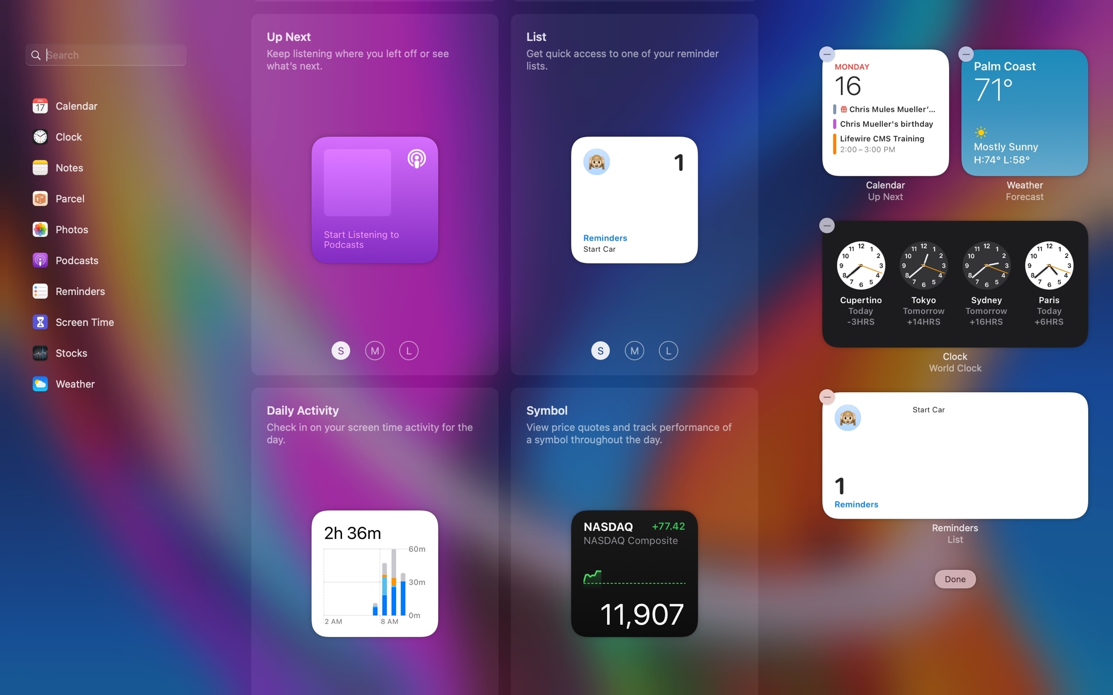 Schermata di modifica widget Centro notifiche su Mac