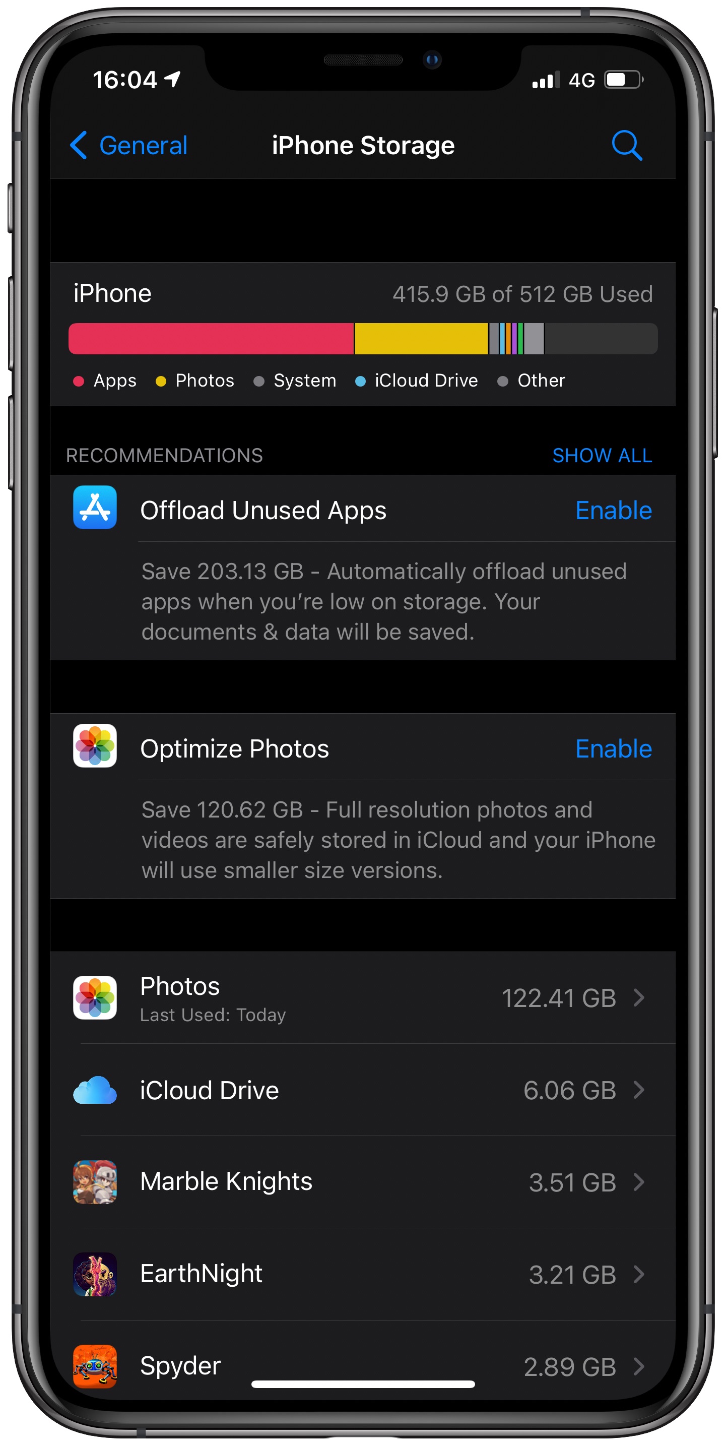 Schermata della sezione di archiviazione dell'iPhone