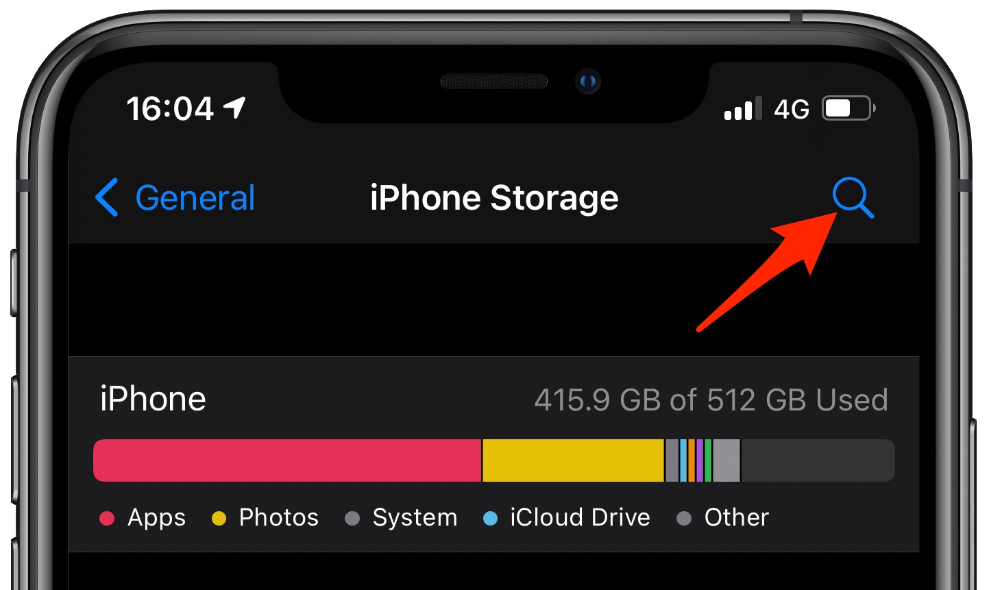 Sezione di archiviazione iPhone - strumento di ricerca evidenziato