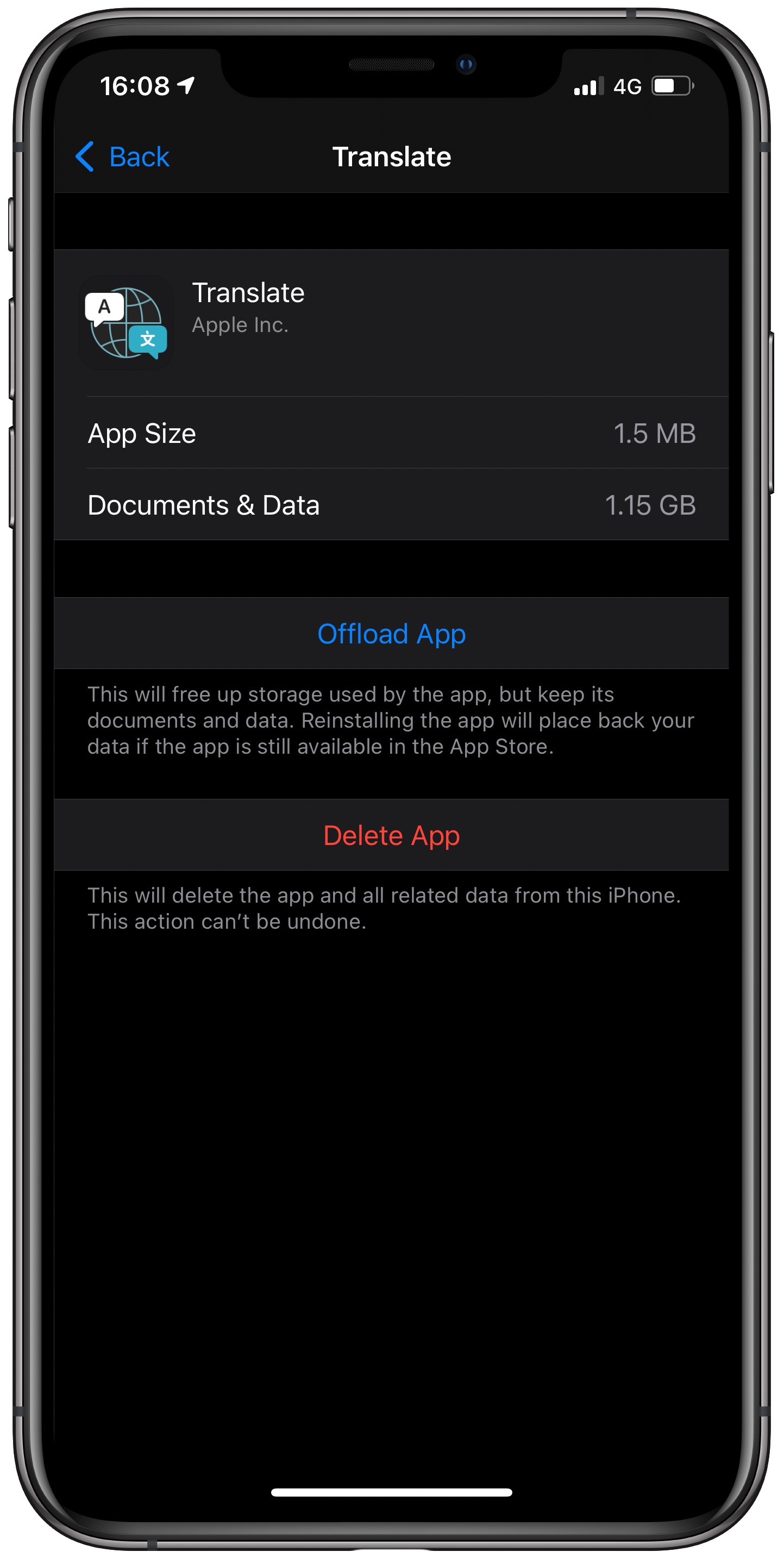Sezione di archiviazione iPhone - Traduci i dettagli dell'app