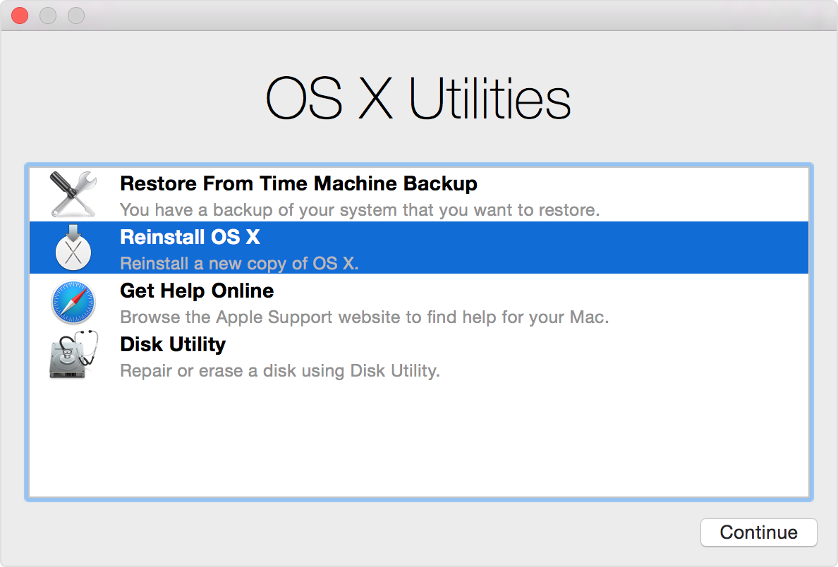 Finestra Utilità OS X in modalità di ripristino