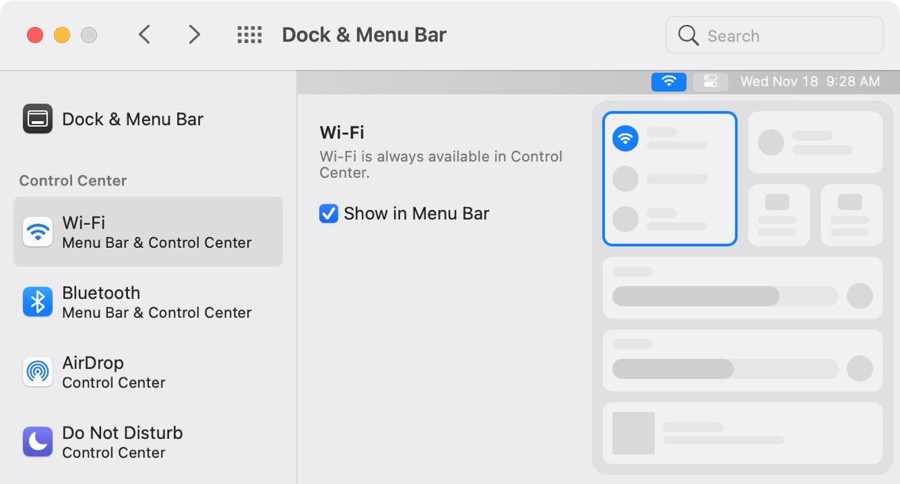 Aggiungi WiFi alla barra dei menu su Mac