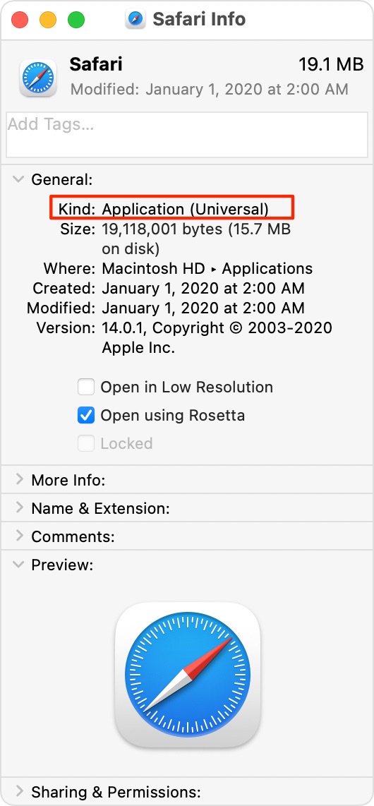 Emulazione Apple Rosetta 2: uno screenshot di Ottieni informazioni che mette in evidenza il tipo di applicazione