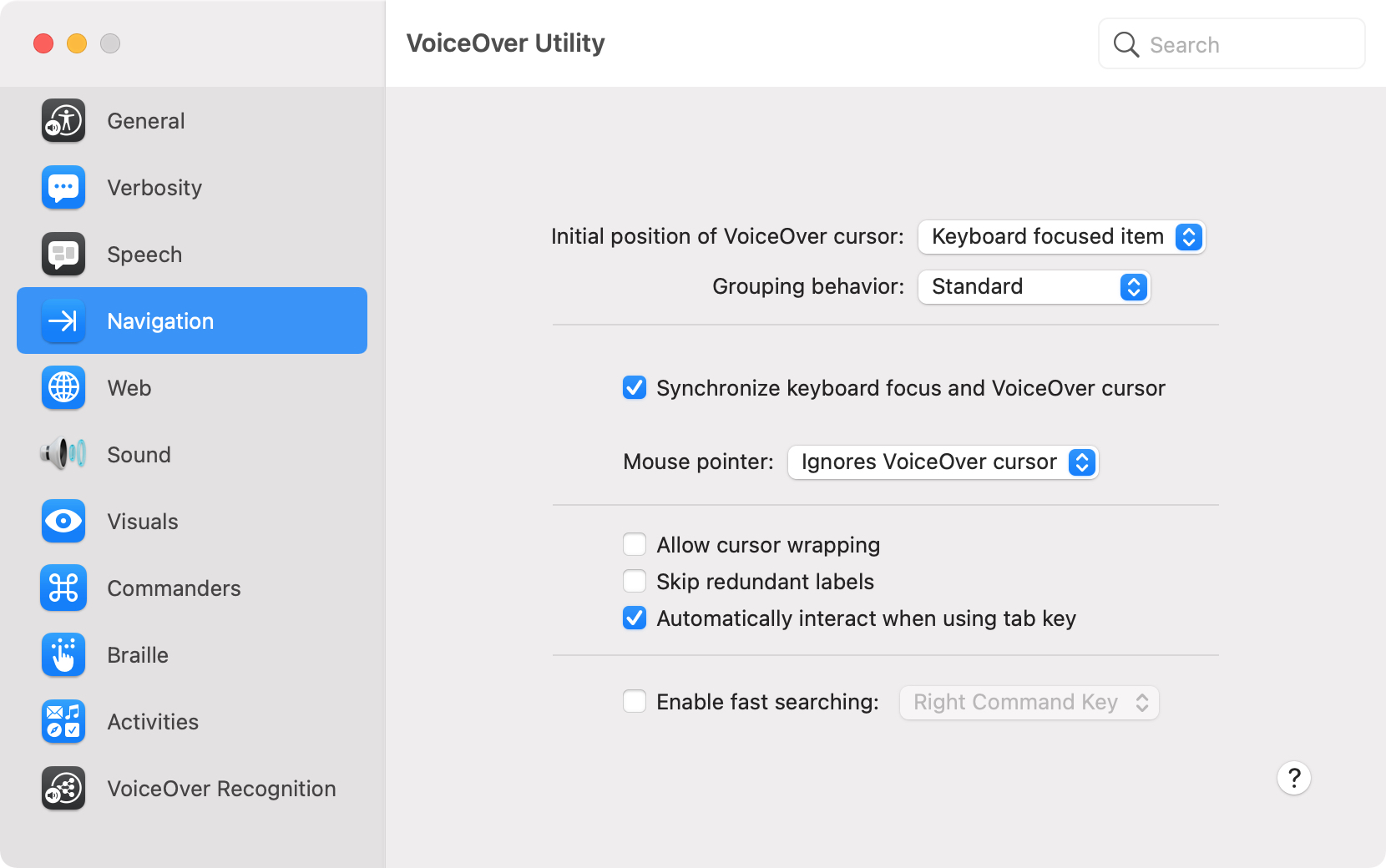 Navigazione nell'utility VoiceOver