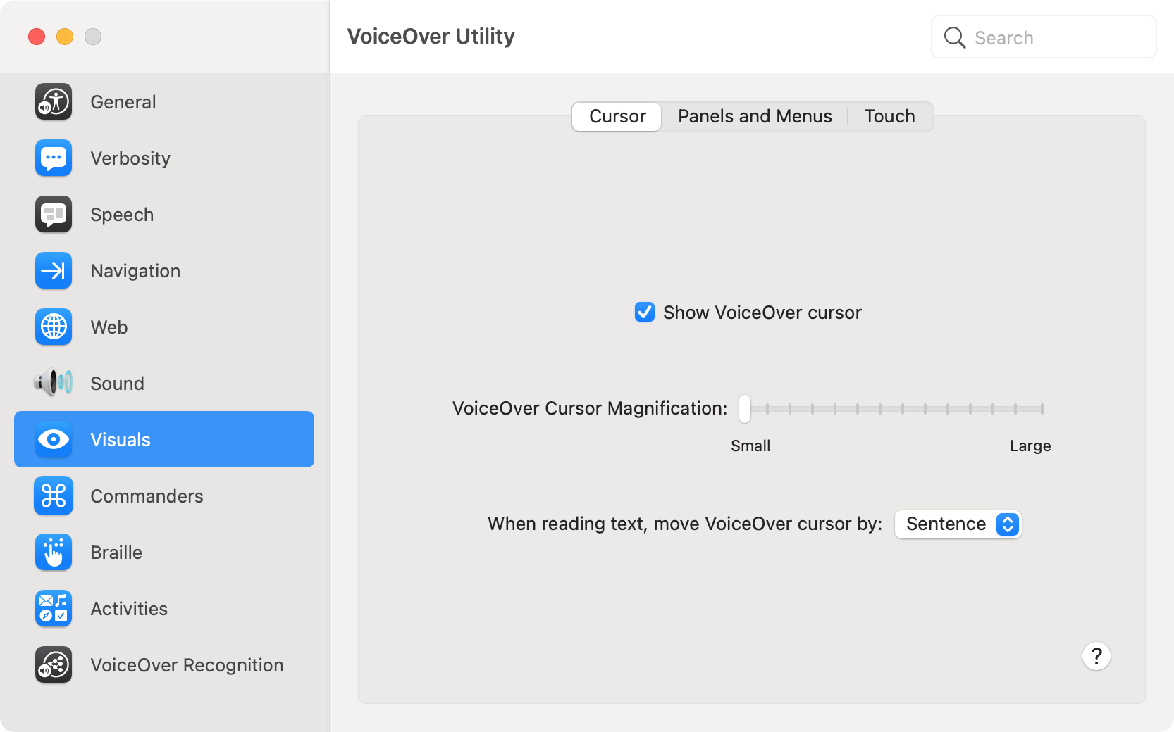 Visuali dell'utilità VoiceOver