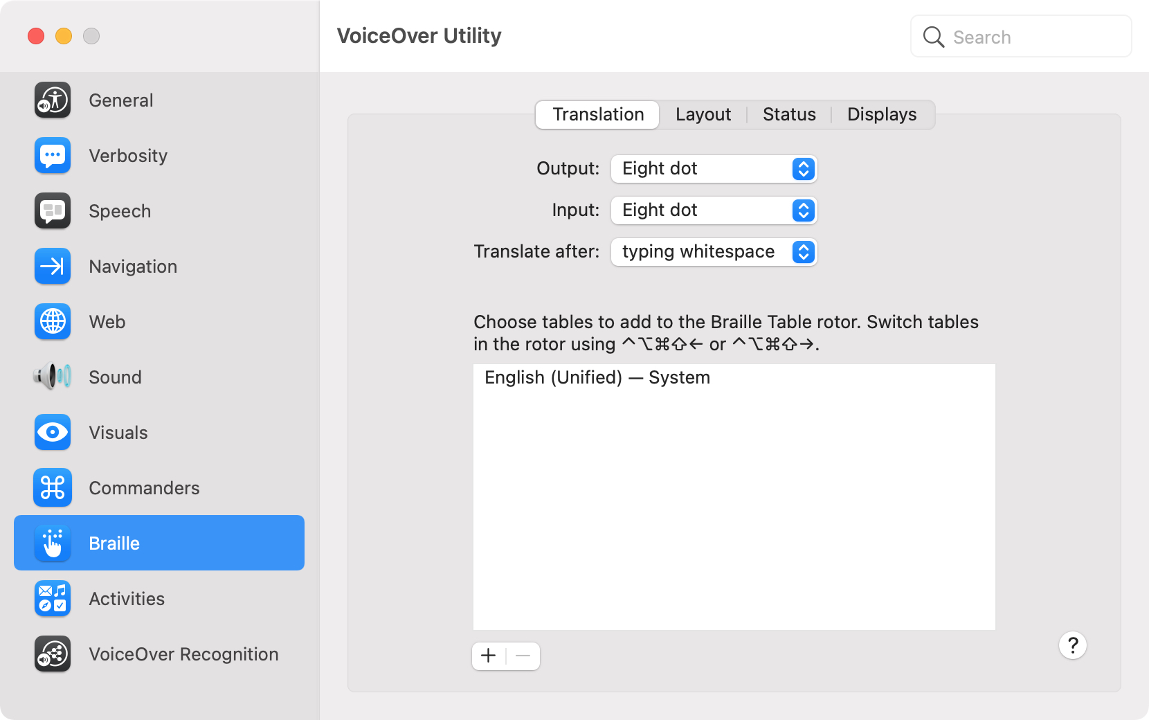 Utilità VoiceOver Braille