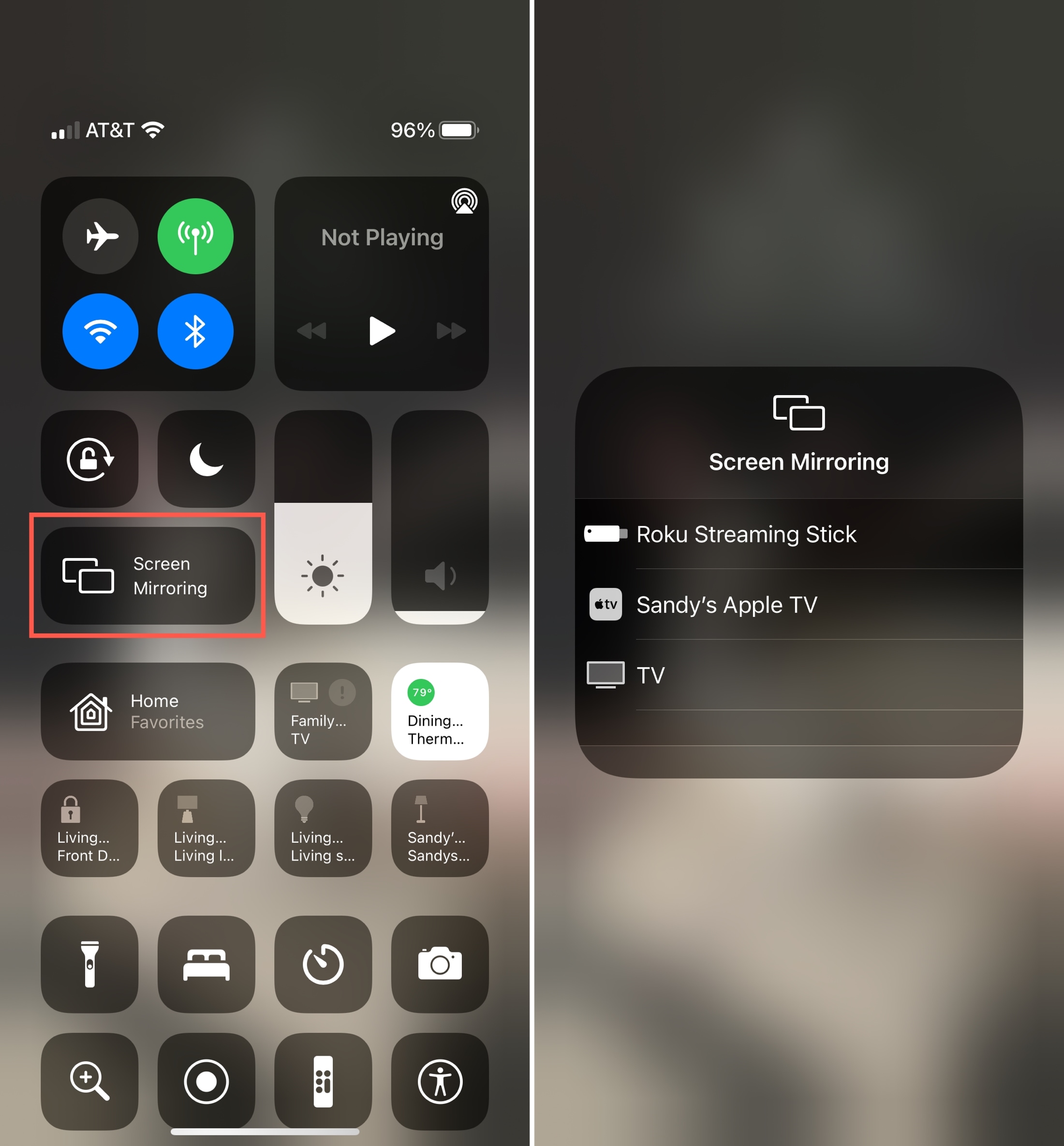 Mirroring dello schermo del Centro di controllo su iPhone