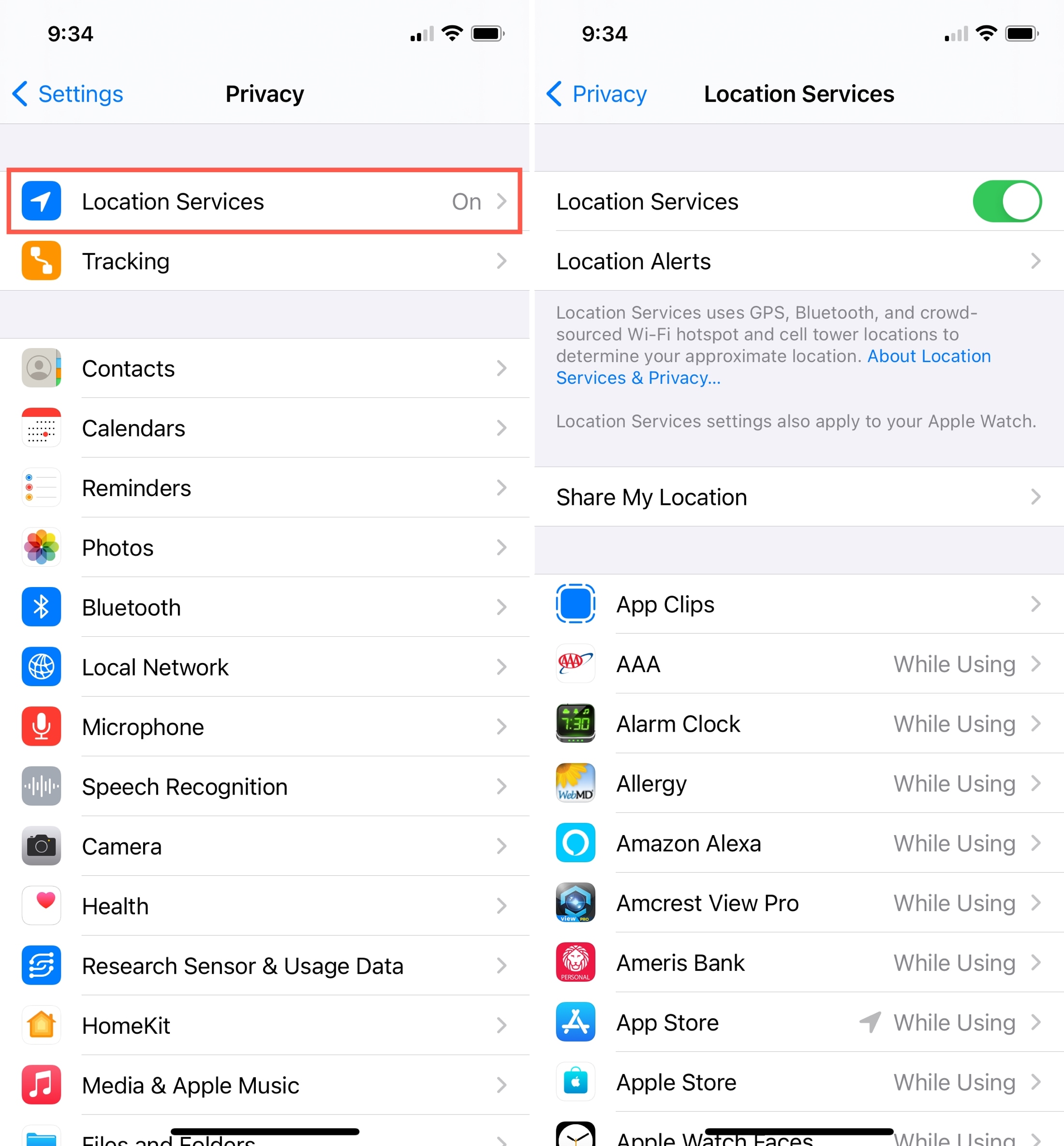 Impostazioni Privacy Servizi di localizzazione