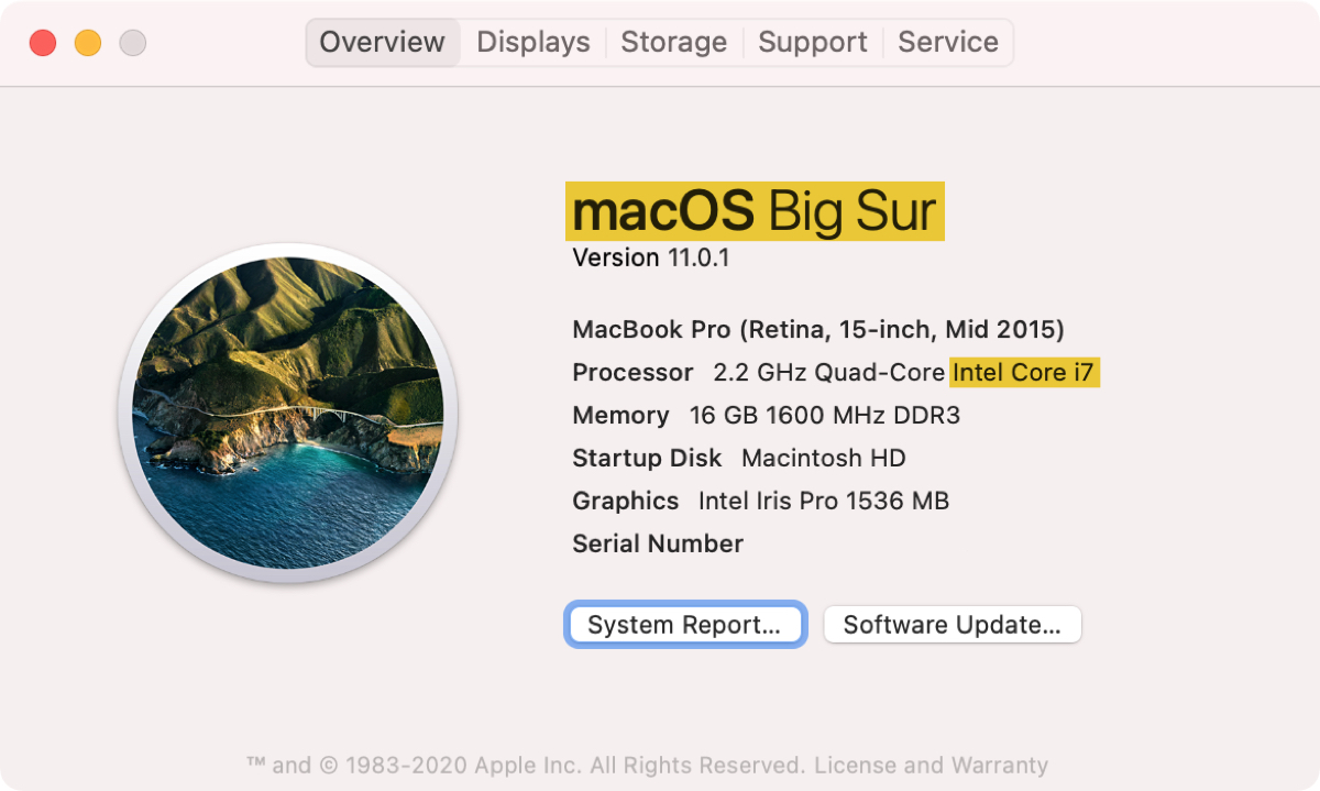 Informazioni su questo Mac Big Sur Intel