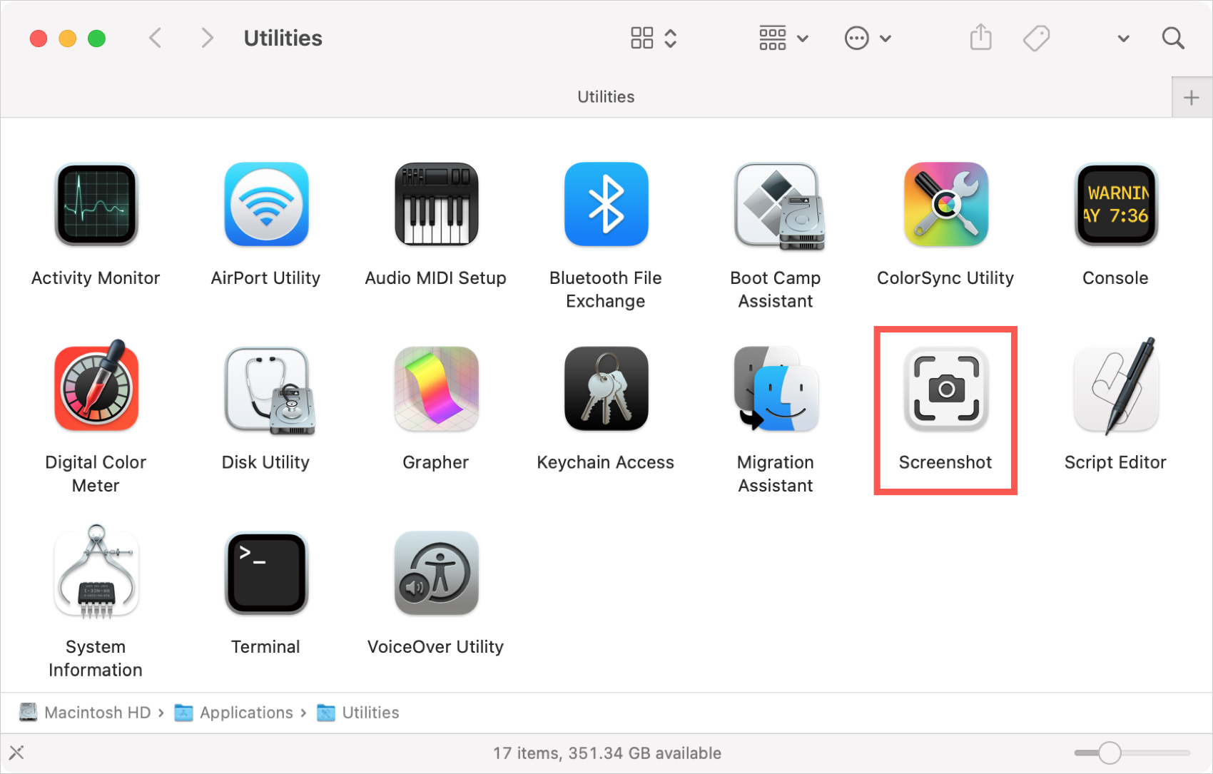 Screenshot nella cartella Utilità