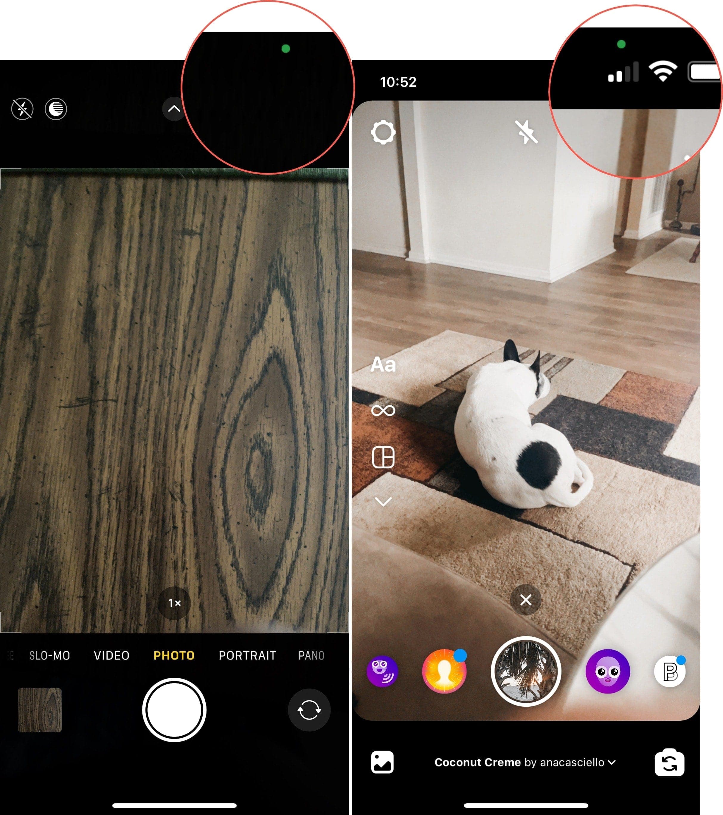Punto verde per fotocamera e Instagram