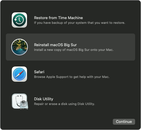 macOS Recovery M1 Mac - Reinstalla macOS Big Sur evidenziato