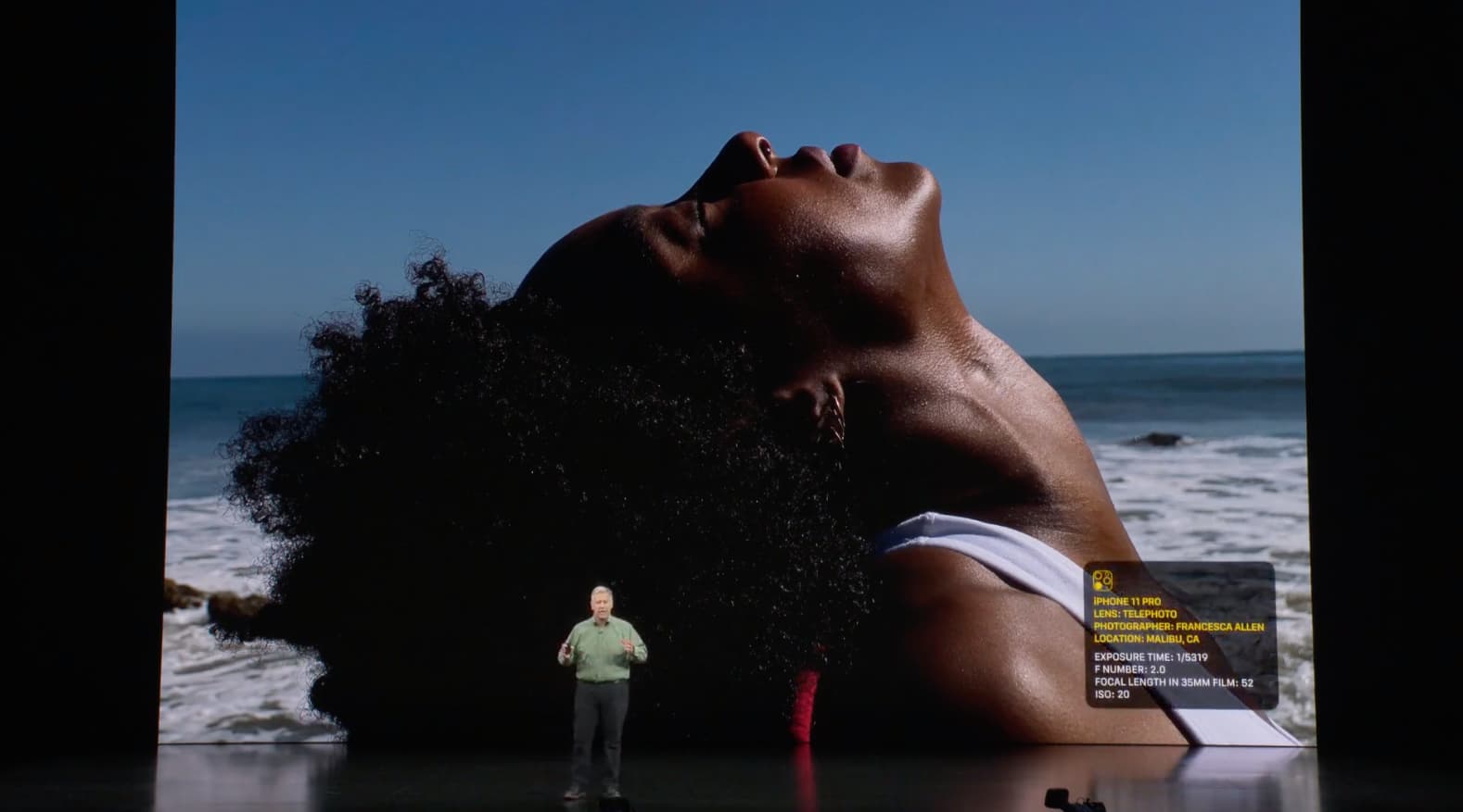 Valore di compensazione della messa a fuoco dell'esposizione della fotocamera dell'iPhone - Diapositiva dell'evento stampa di iPhone 11 Pro - La qualità della fotocamera di iPhone 11 Pro viene mostrata all'evento stampa